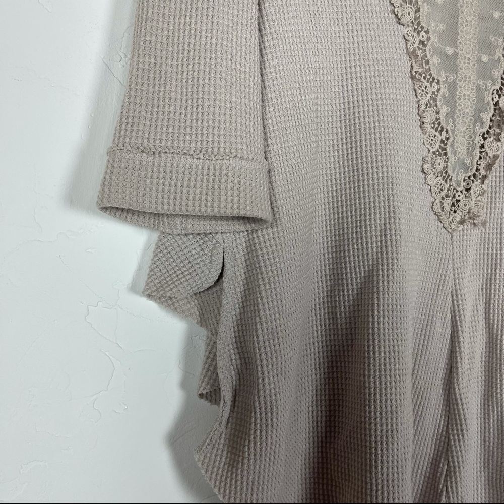 Free People‎ Shirt Waffle Knit Henley Top Lace Tan - Picture 7 of 8